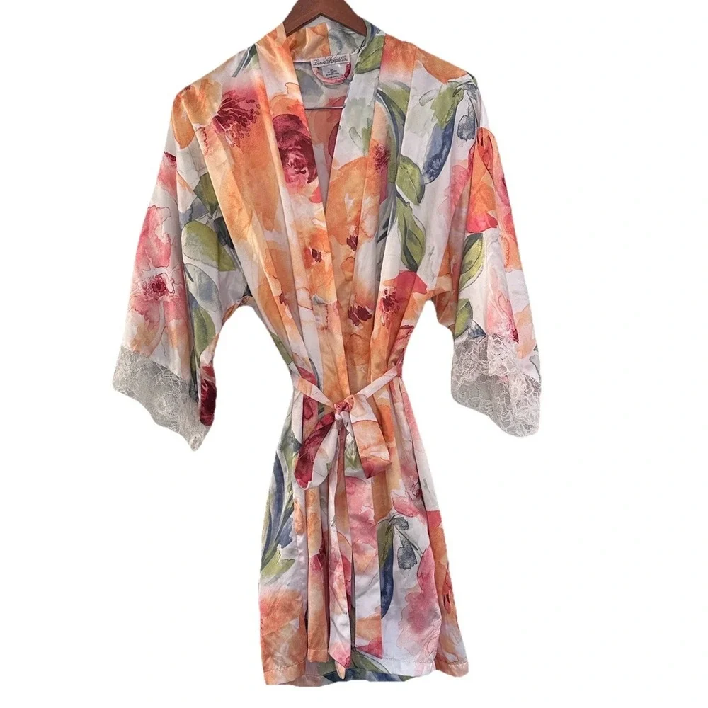 Linea Donatella Robe Womens S/M Watercolor Floral Satin Lace Trim Belted Kimono